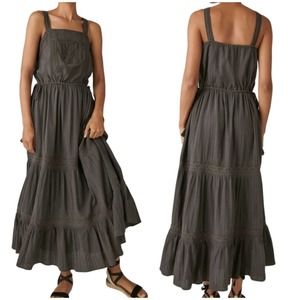 Lucky Brand NWT Lace Tiered Maxi Dress Size M Gray Elastic Drawstring Waist